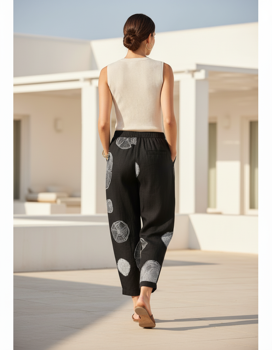 Pantalon En Lin Noir Imprimé Ample Décontracté Fluide - vue 2