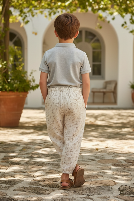 Pantalon En Lin Crème Ample Imprimé Floral Décontracté - Beige - vue 2