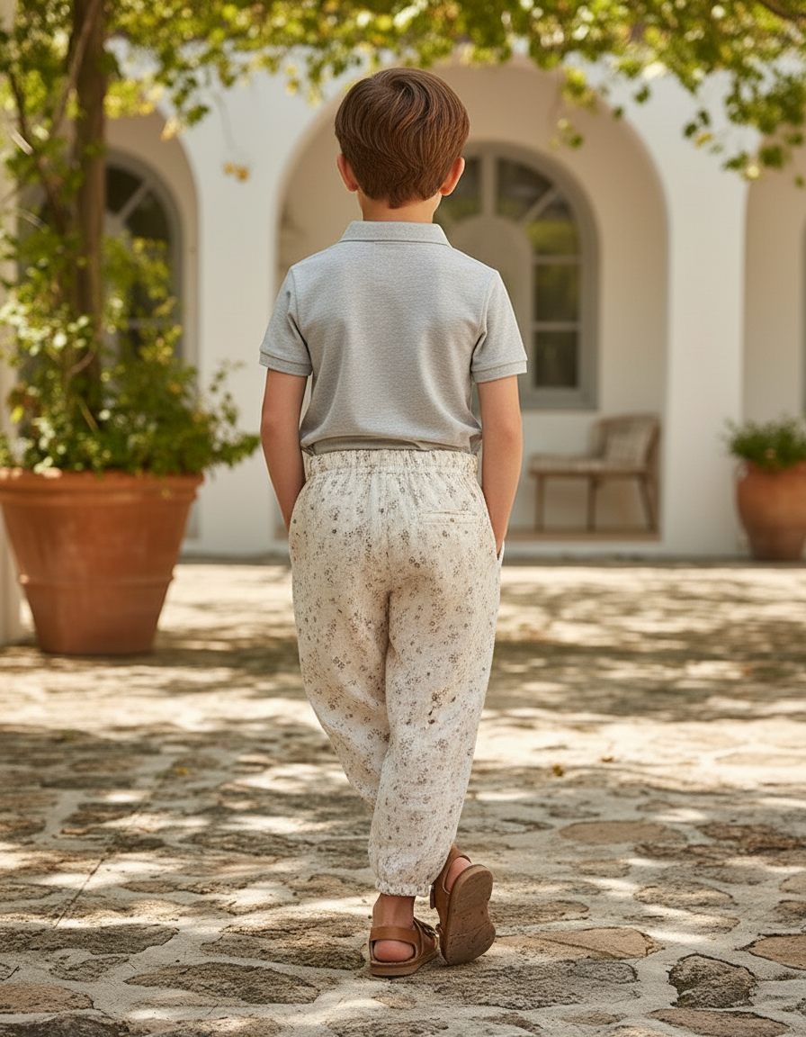 Pantalon En Lin Crème Ample Imprimé Floral Décontracté - Beige - vue 2