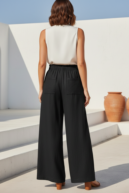 Pantalon En Lin Noir Ample Fluide Taille Haute - vue 2