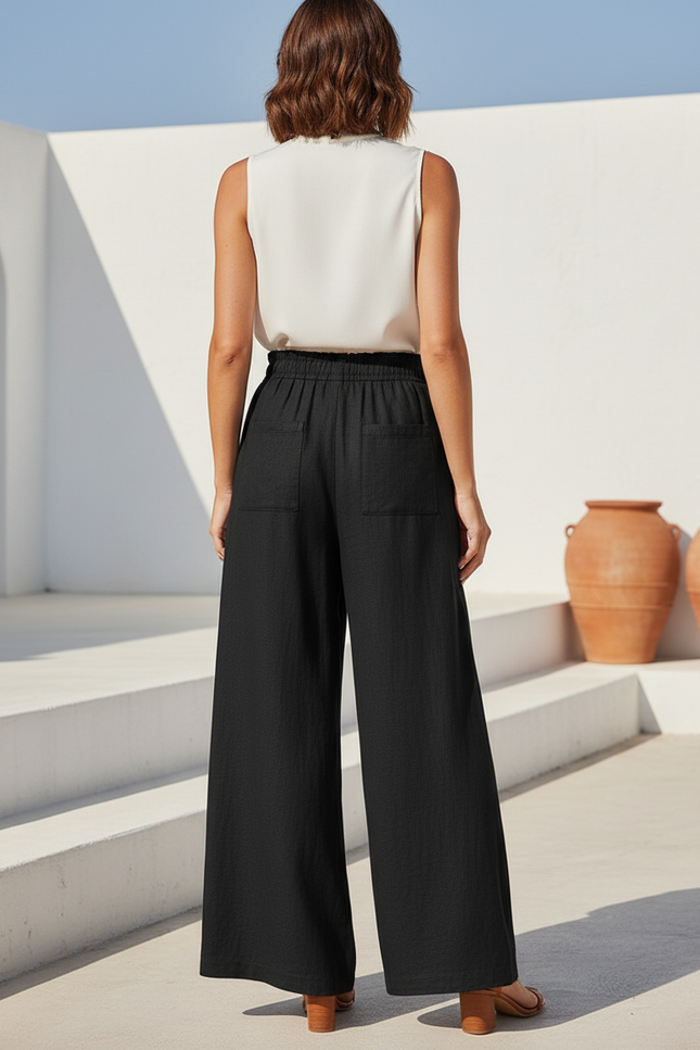 Pantalon En Lin Noir Ample Fluide Taille Haute - vue 2
