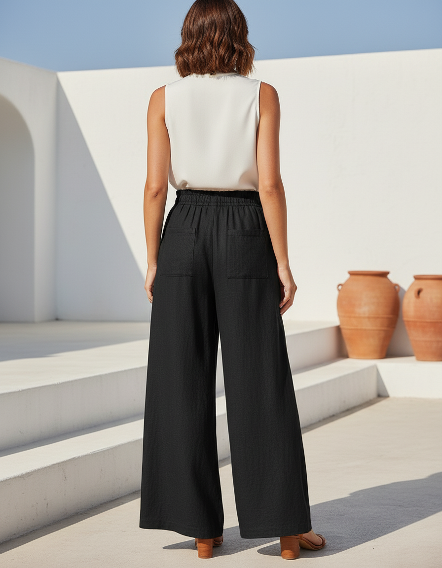 Pantalon En Lin Noir Ample Fluide Taille Haute - vue 2