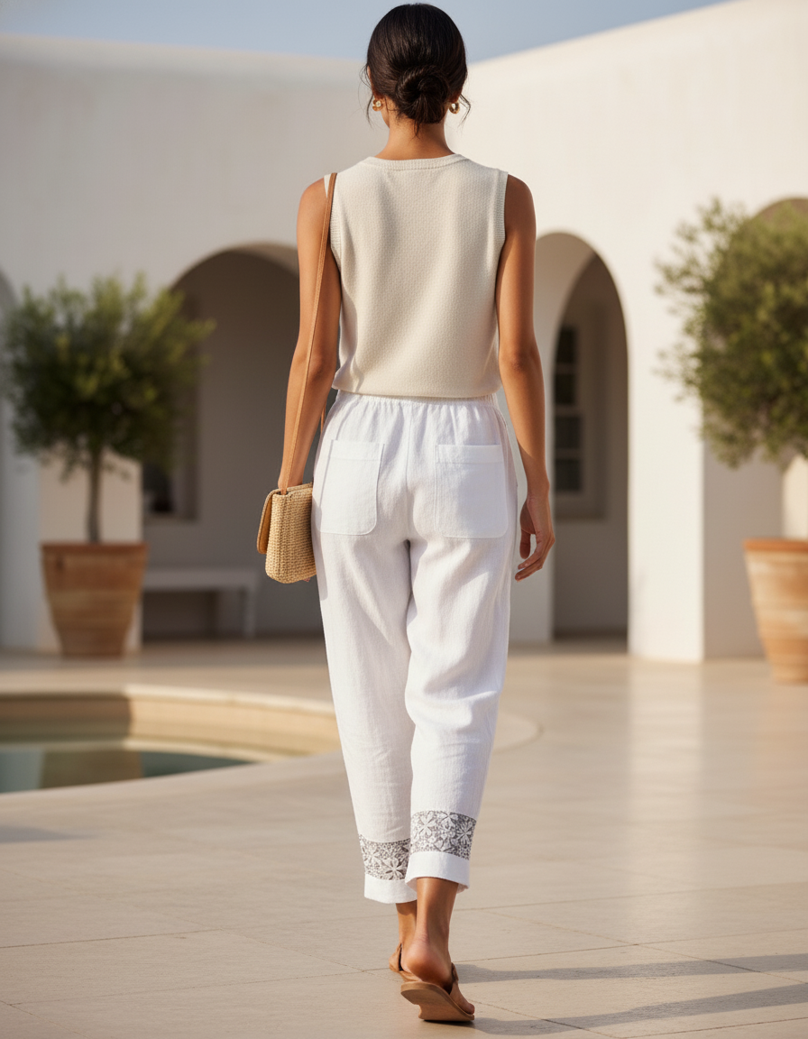 Pantalon En Lin Blanc Imprimé Ample Décontracté Femme - vue 2
