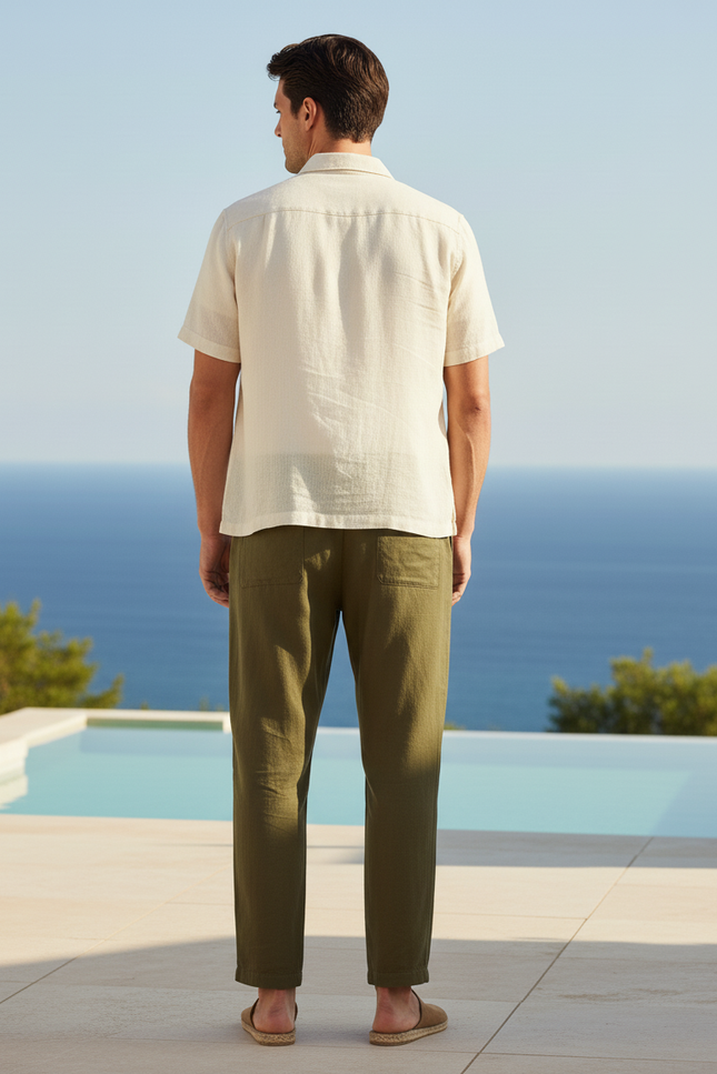 Pantalon En Lin Vert Olive Ample Décontracté Cordon - Kaki - vue 2