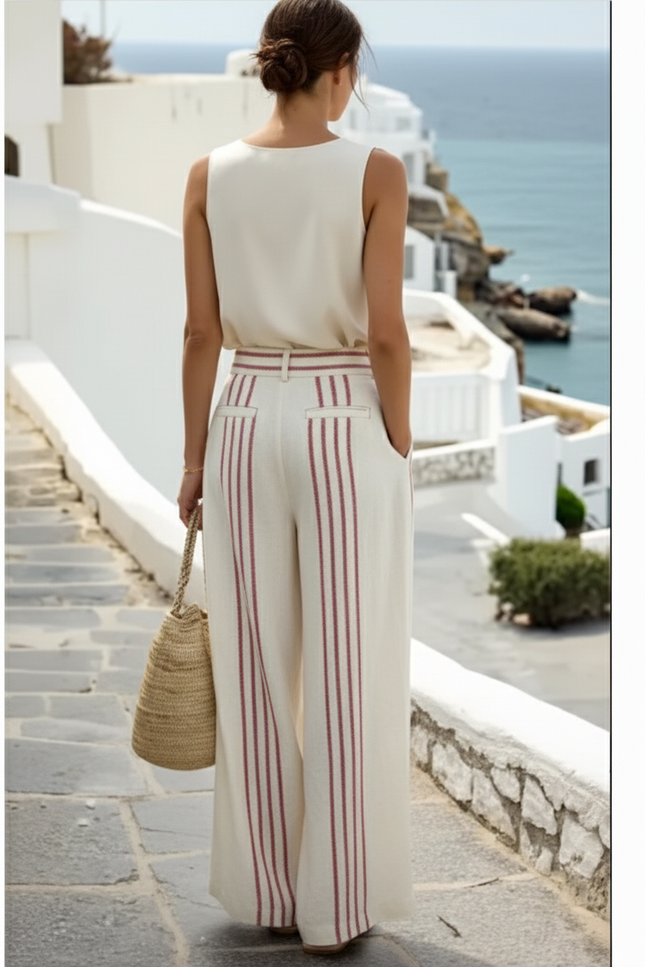 Pantalon En Lin Écru Rayures Rouges Ample Femme - Beige - vue 2