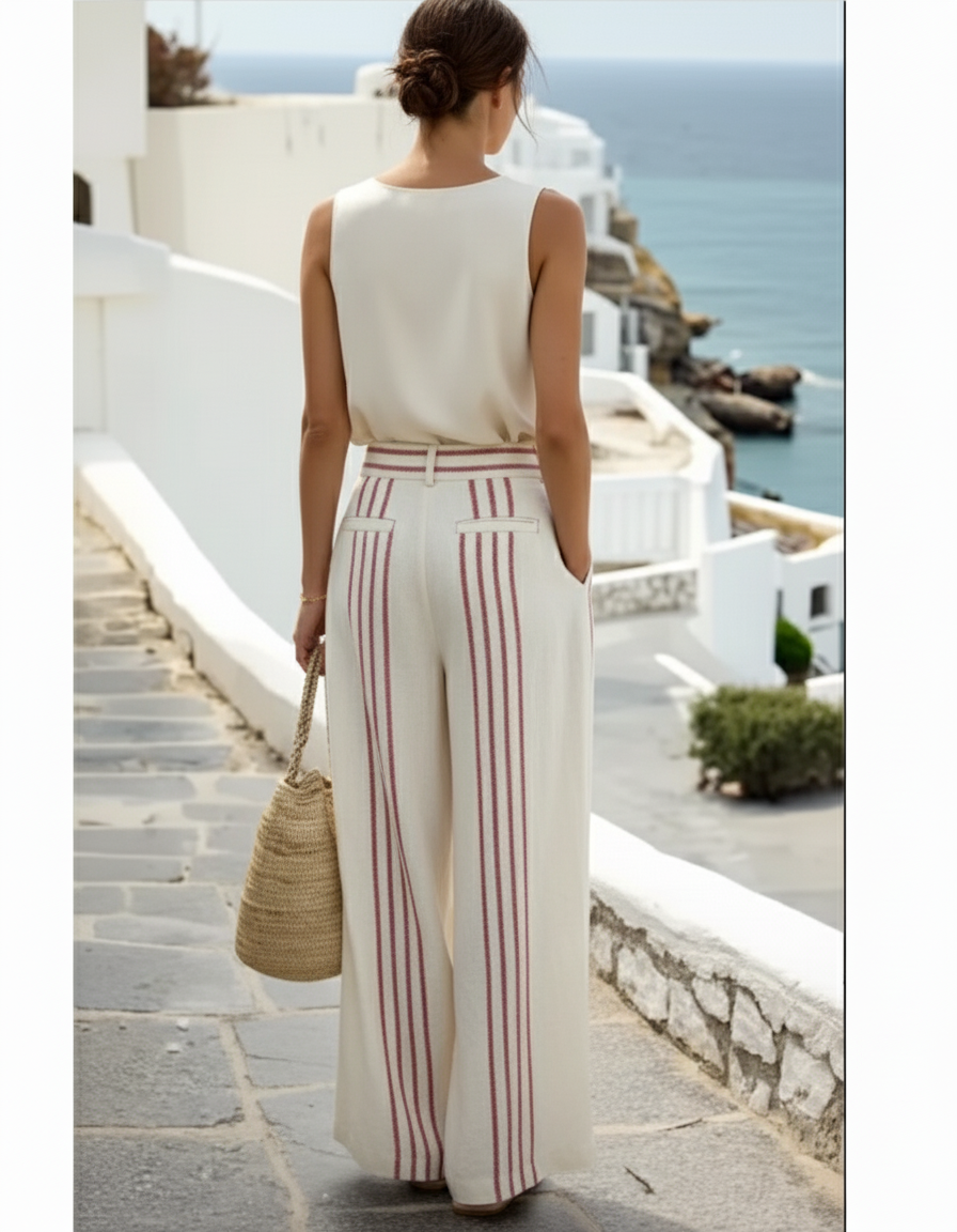 Pantalon En Lin Écru Rayures Rouges Ample Femme - Beige - vue 2