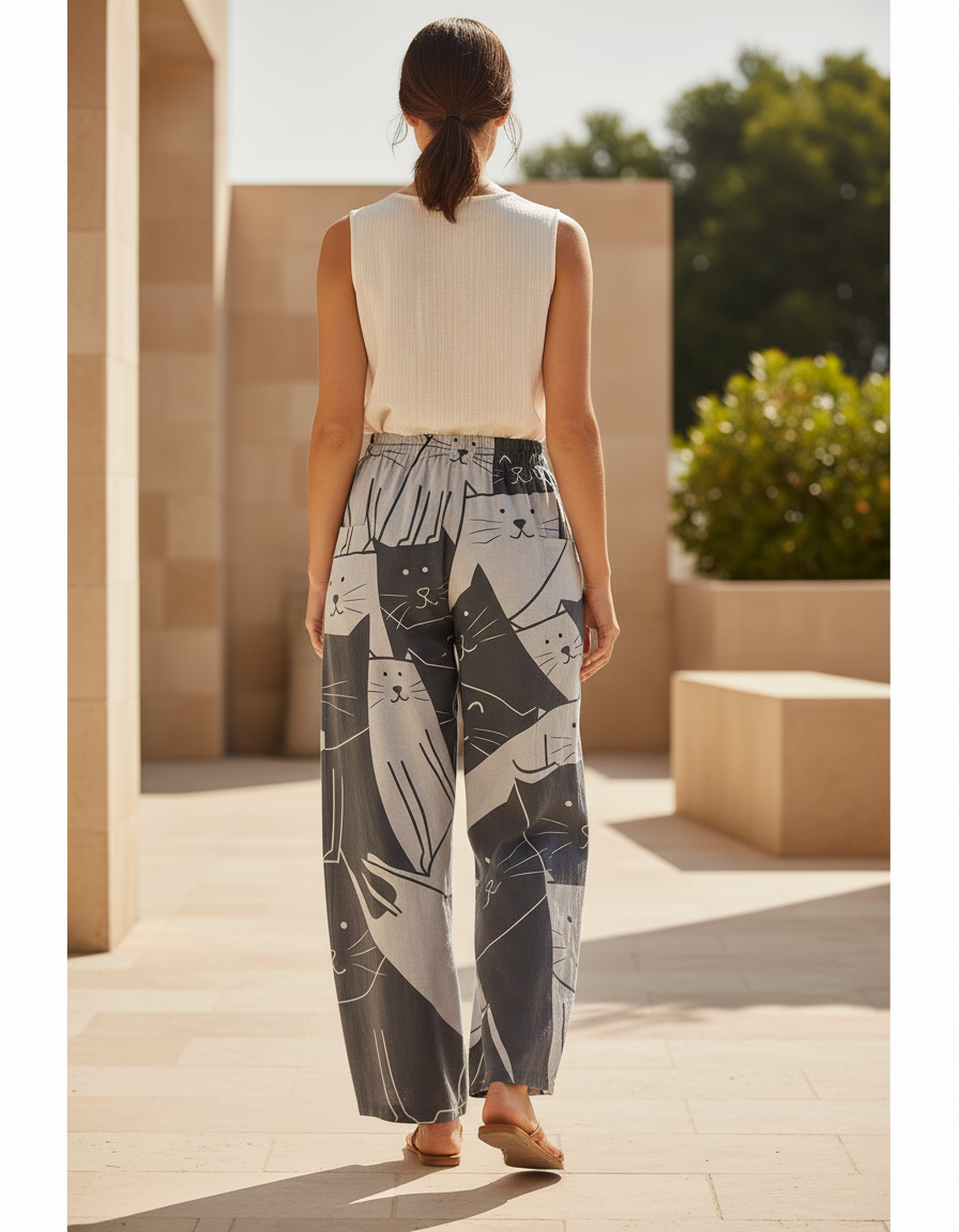 Pantalon En Lin Ample Imprimé Chat Taille Élastique - vue 2