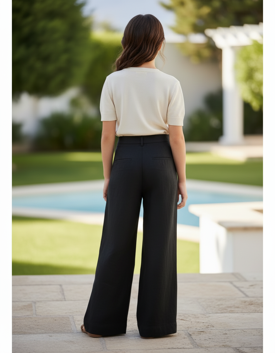 Pantalon En Lin Noir Ample Plissé Décontracté Élégant - vue 2