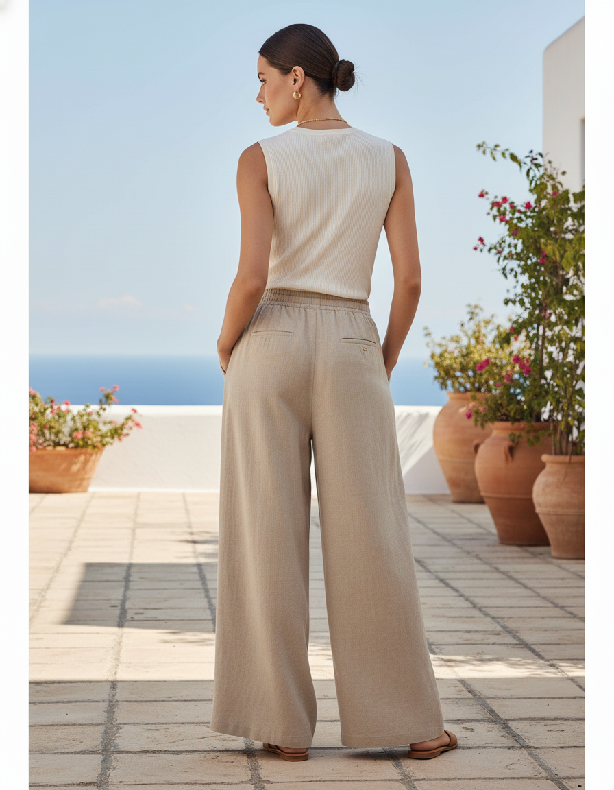 Pantalon En Lin Ample Beige Cordon Décontracté Femme - vue 2