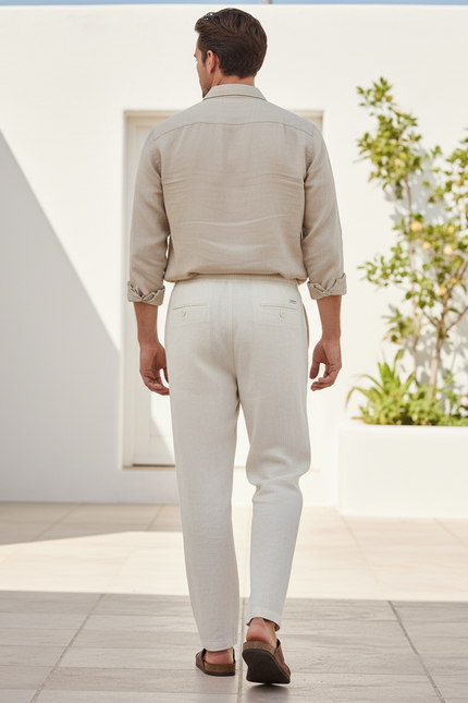 Pantalon En Lin Taille Elastique - Beige - vue 2