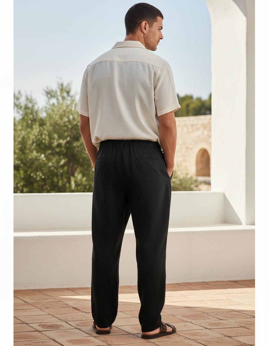 Pantalon En Lin Noir Ample Décontracté Cordon Léger - vue 2