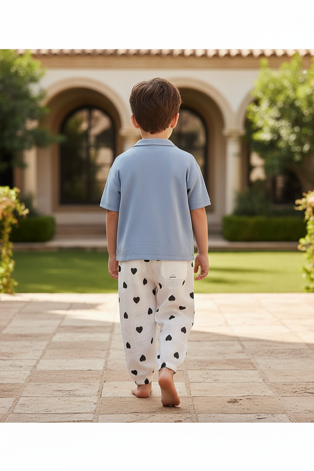 Pantalon En Lin Blanc Cœurs Noirs Ample Enfant - Imprimé - vue 2