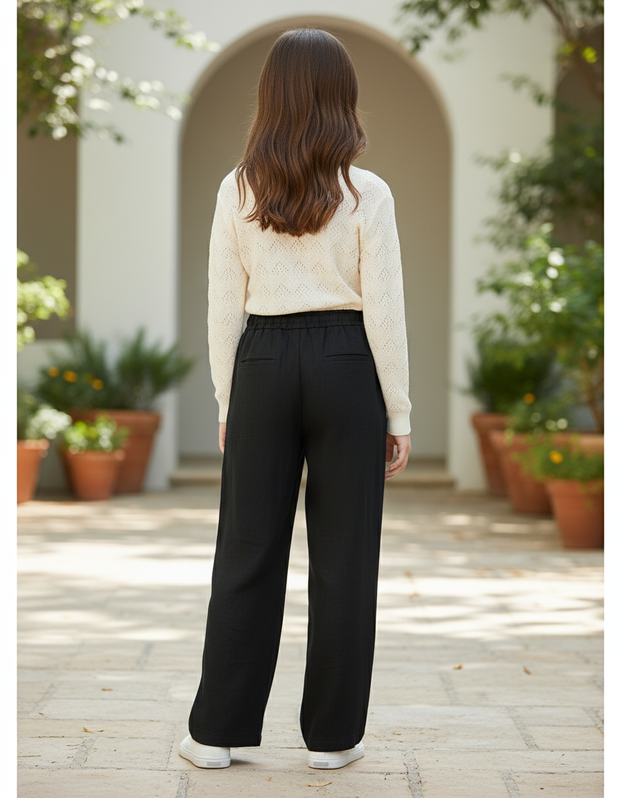Pantalon En Lin Noir Ample Décontracté Fille Cordon - vue 2