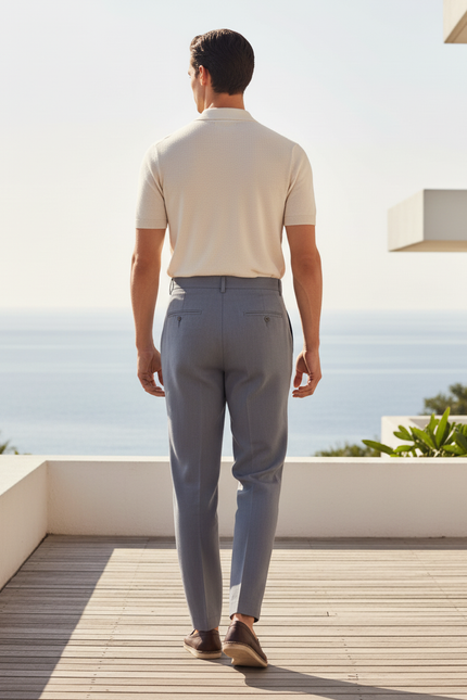 Pantalon En Lin Gris Plissé Élégant Ajusté Homme - vue 2