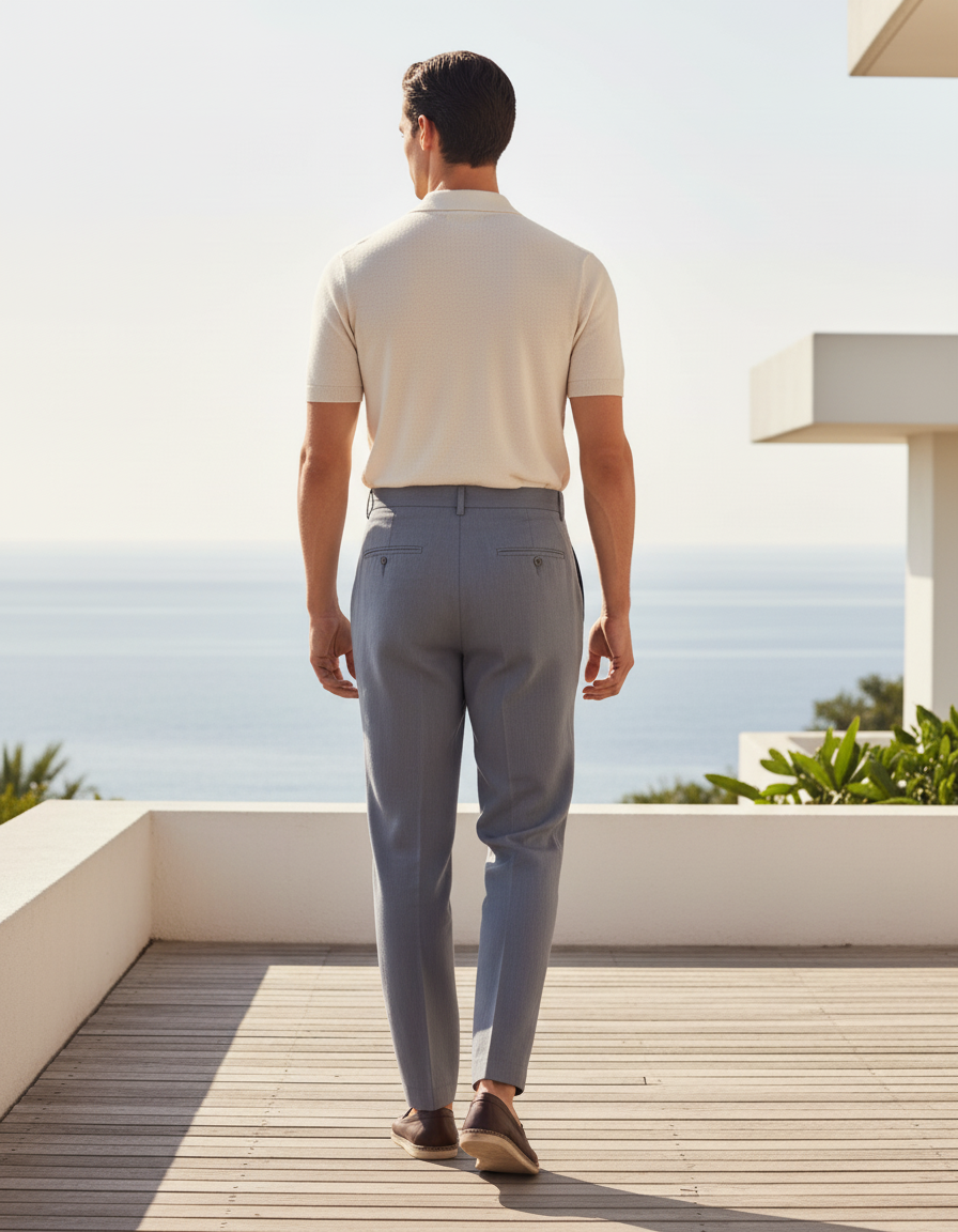 Pantalon En Lin Gris Plissé Élégant Ajusté Homme - vue 2