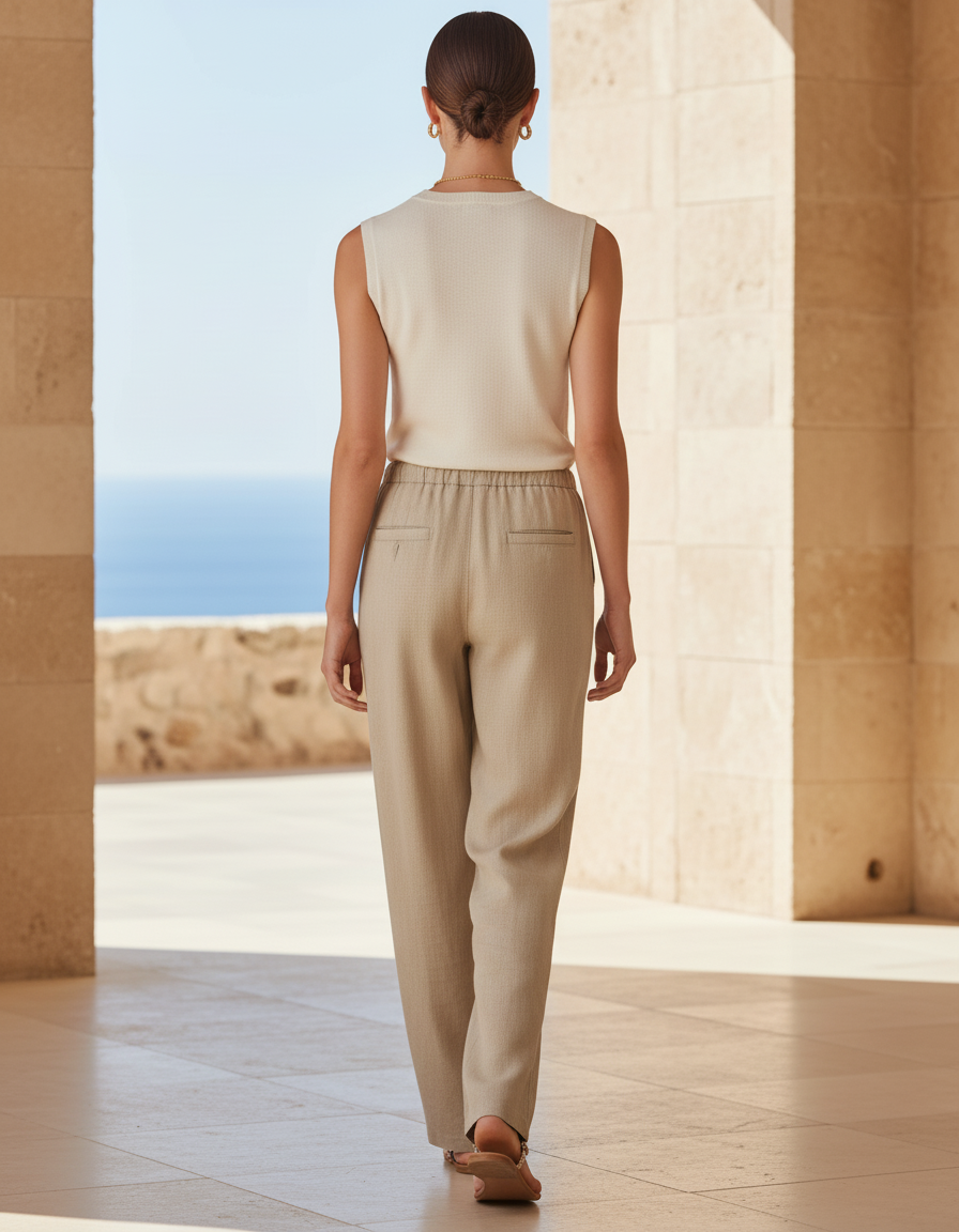 Pantalon En Lin Beige Ample Cordon Taille Élastique - vue 2