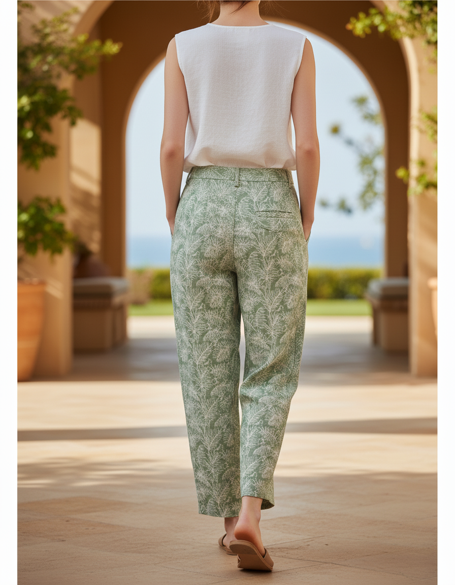 Pantalon En Lin Vert Ample Imprimé Tropical Fluide - vue 2