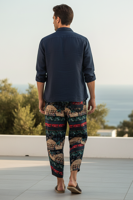 Pantalon En Lin Harem Imprimé Éléphants Ethnique Homme - vue 2