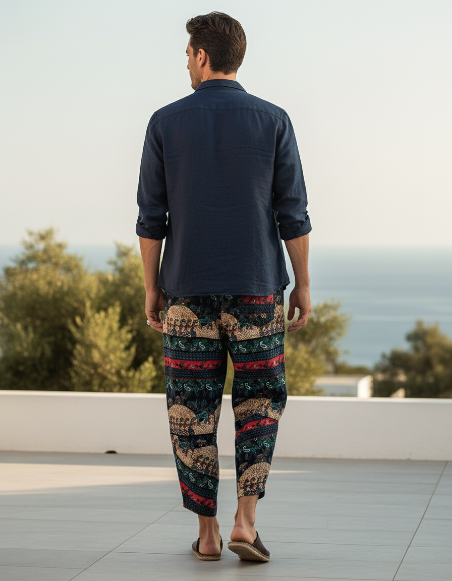 Pantalon En Lin Harem Imprimé Éléphants Ethnique Homme - vue 2