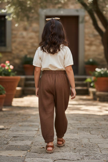 Pantalon En Lin Marron Ample Enfant Coton Harem - vue 2