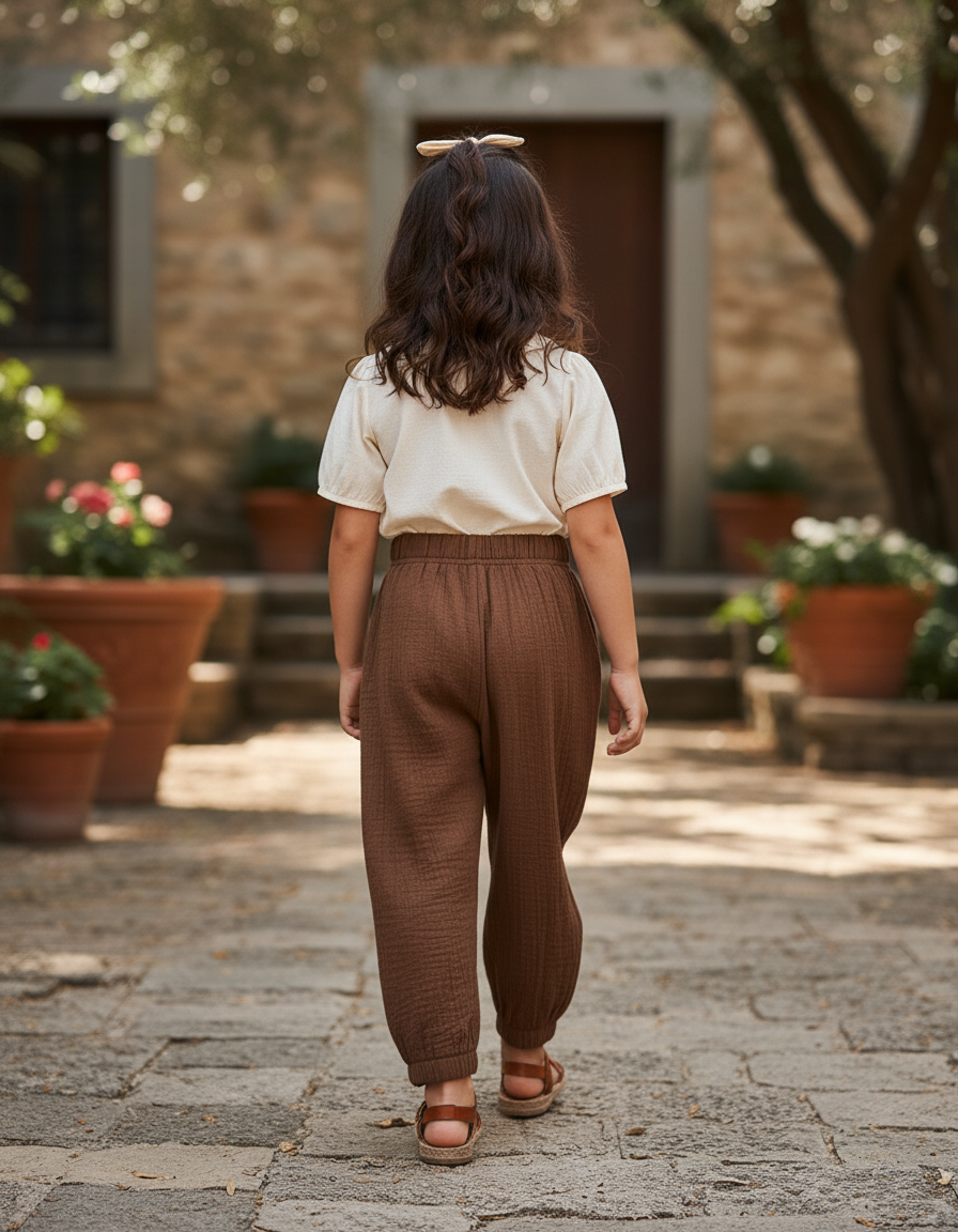 Pantalon En Lin Marron Ample Enfant Coton Harem - vue 2