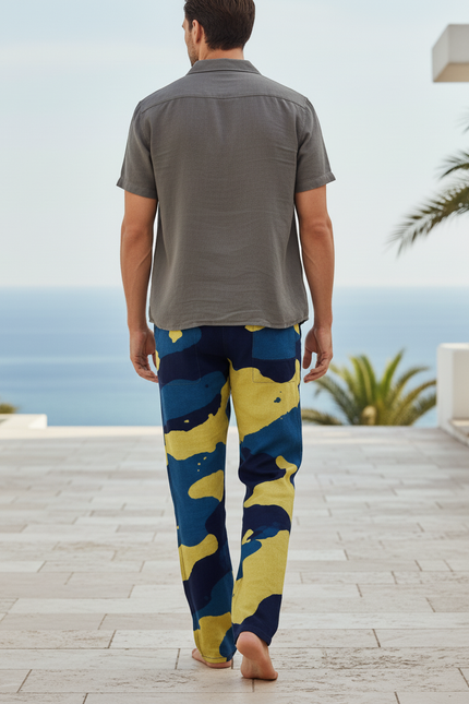Pantalon En Lin Imprimé Camouflage Jaune Bleu Cordon - vue 2
