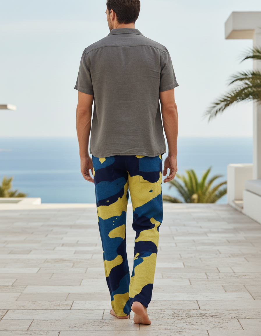 Pantalon En Lin Imprimé Camouflage Jaune Bleu Cordon - vue 2