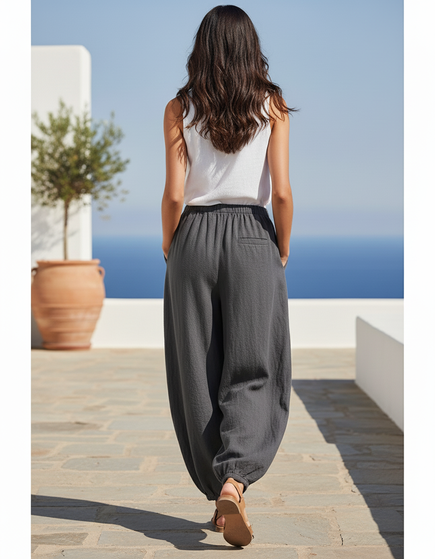Pantalon En Lin Gris Ample Fluide Élastique Confortable - vue 2