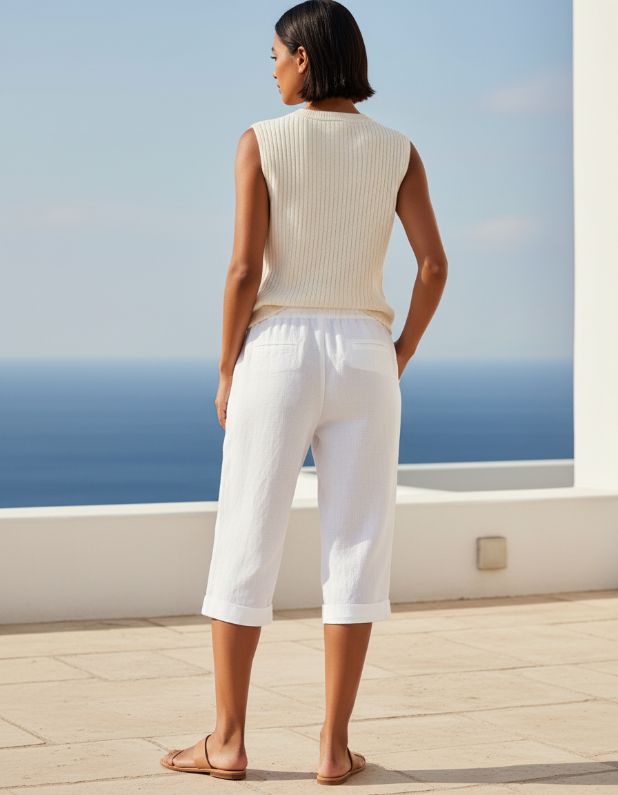 Pantalon En Lin Blanc Court Décontracté Cordon Femme - vue 2