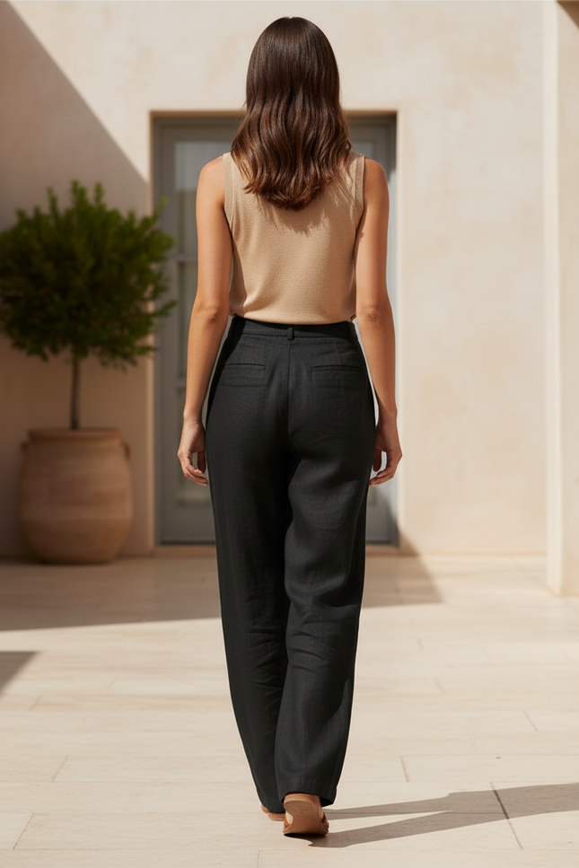 Pantalon En Lin Noir Ample Décontracté Fluide - vue 2