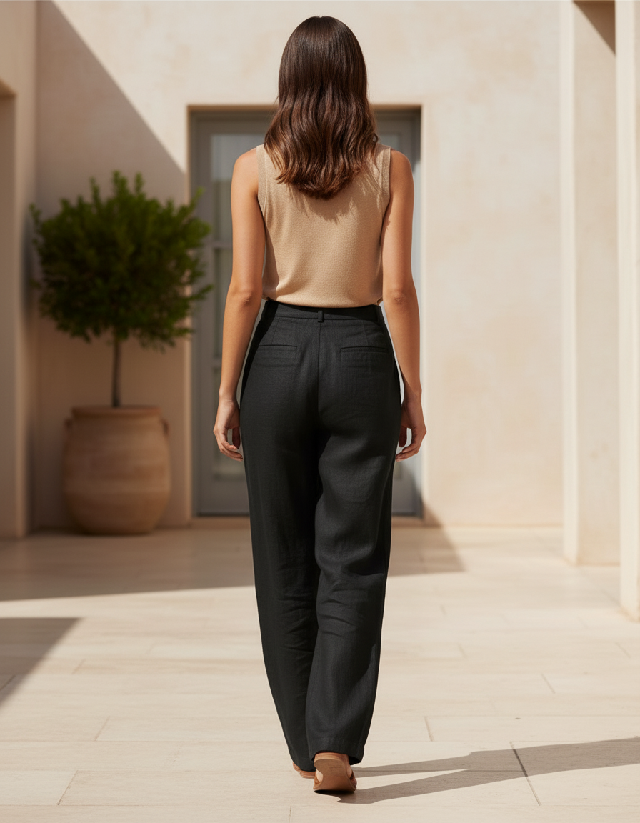 Pantalon En Lin Noir Ample Décontracté Fluide - vue 2