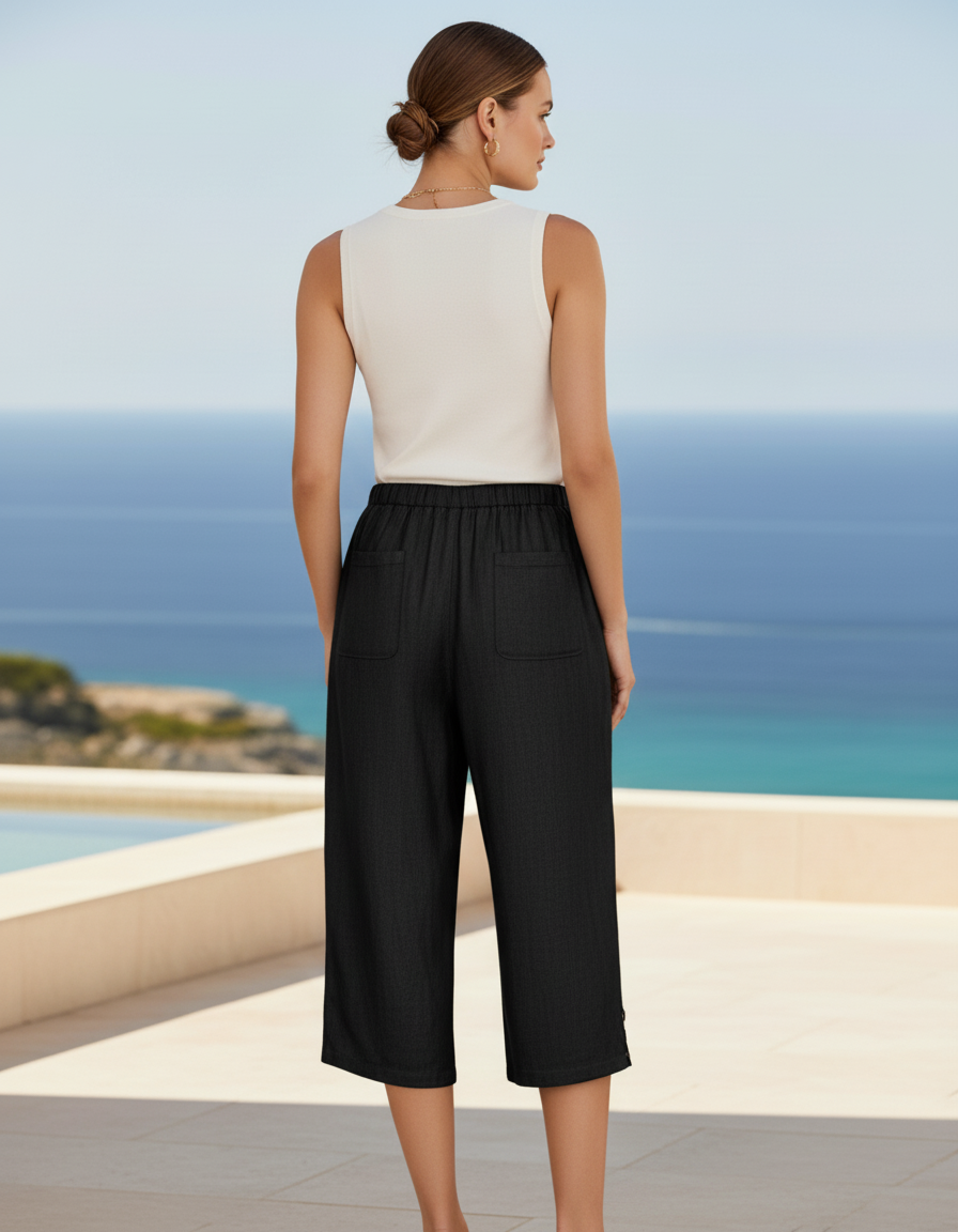 Pantalon En Lin Noir Ample Cordon Court Femme - vue 2