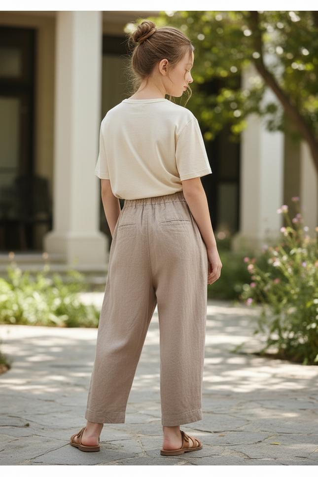Pantalon En Lin Ample Beige Décontracté Confortable - vue 2