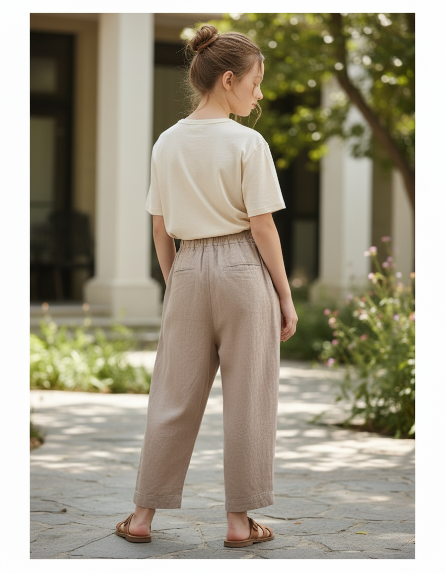 Pantalon En Lin Ample Beige Décontracté Confortable - vue 2