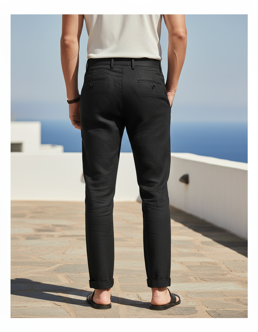 Pantalon En Lin Noir Plissé Décontracté Homme Élégant - vue 2