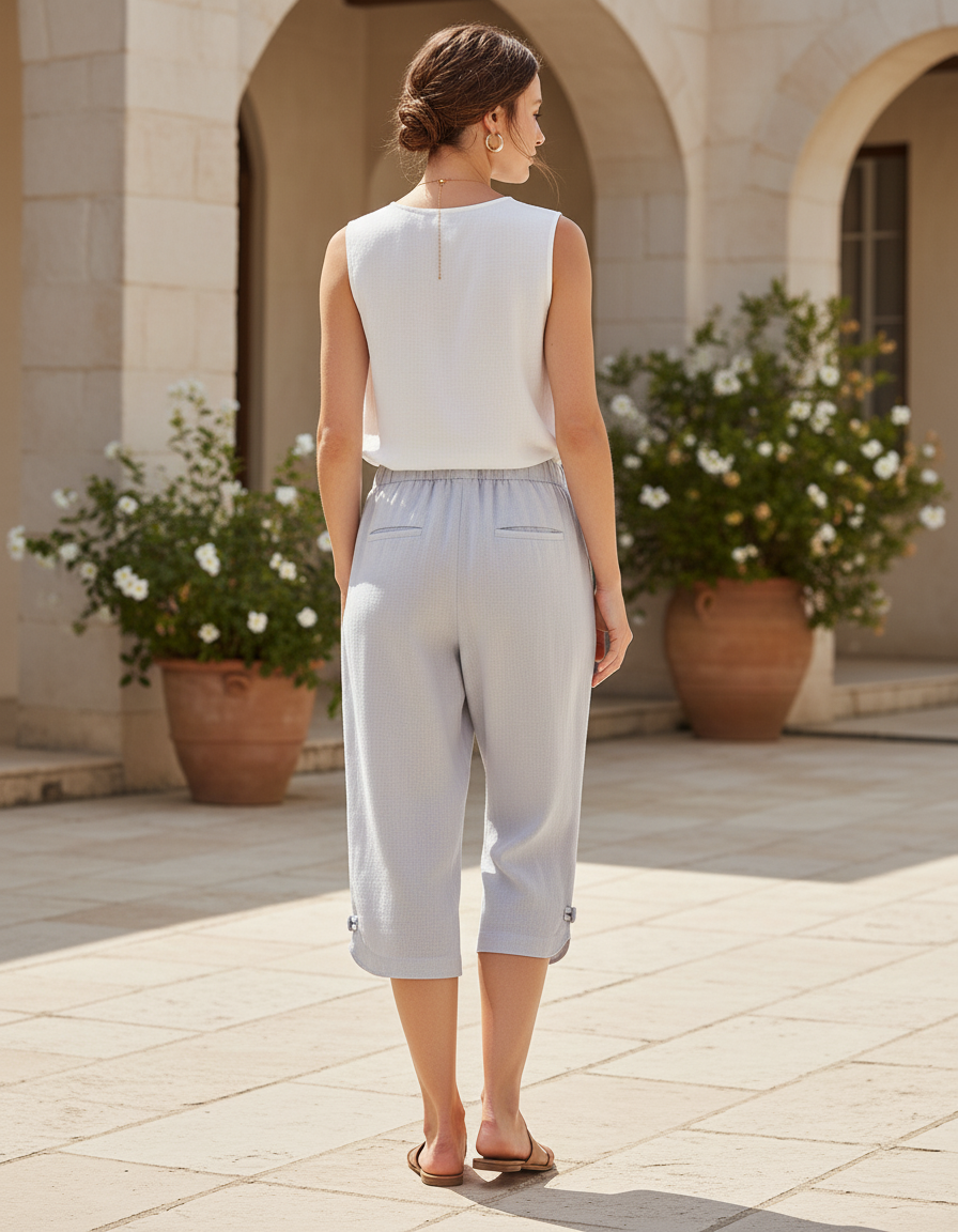 Pantalon En Lin Capri Gris Ample Taille Élastique - vue 2