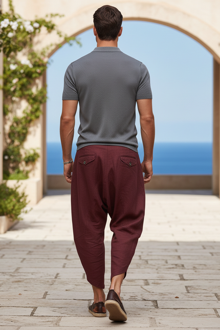 Pantalon En Lin Bordeaux Ample Harem Décontracté Homme - vue 2