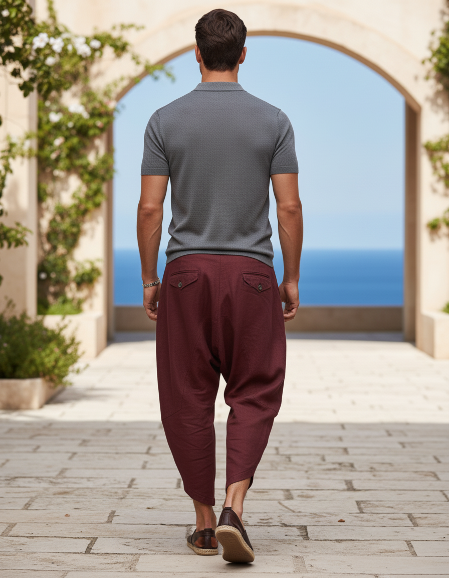 Pantalon En Lin Bordeaux Ample Harem Décontracté Homme - vue 2