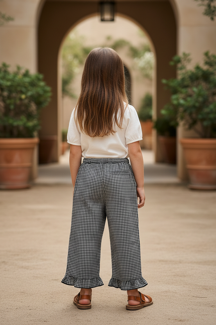 Pantalon En Lin Carreaux Noir Fille Volants Ample - vue 2