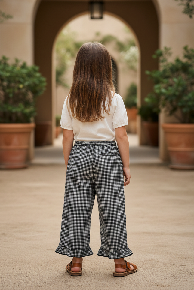 Pantalon En Lin Carreaux Noir Fille Volants Ample - vue 2