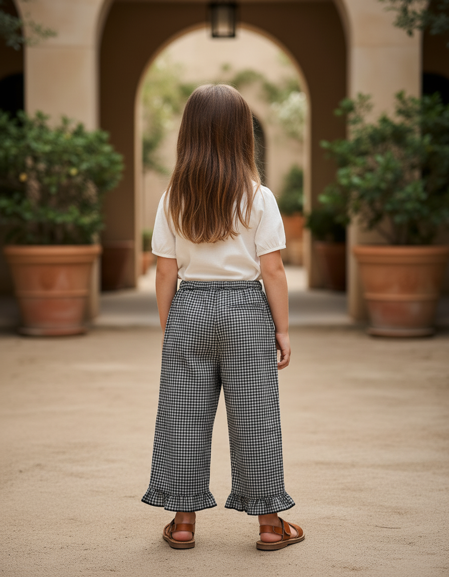 Pantalon En Lin Carreaux Noir Fille Volants Ample - vue 2