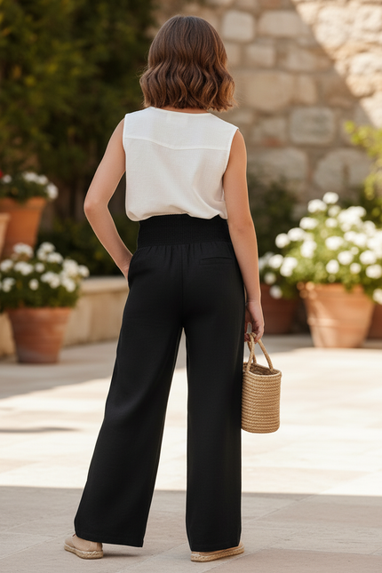 Pantalon En Lin Noir Ample Élastiqué Confortable Fille - vue 2