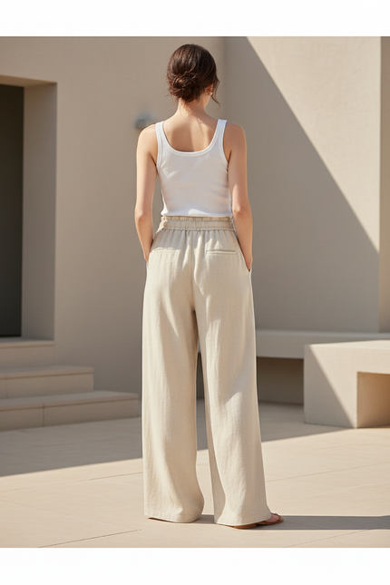 Pantalon En Lin Beige Ample Fluide Décontracté - vue 2