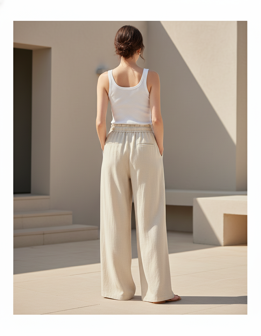 Pantalon En Lin Beige Ample Fluide Décontracté - vue 2