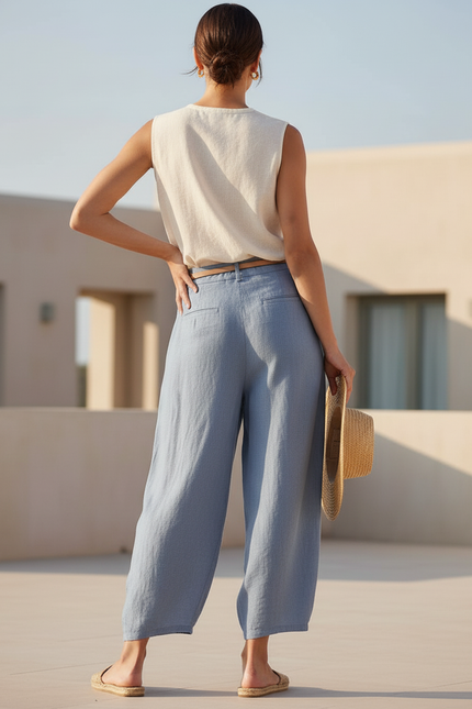 Pantalon En Lin Bleu Ample Plissé Décontracté - vue 2