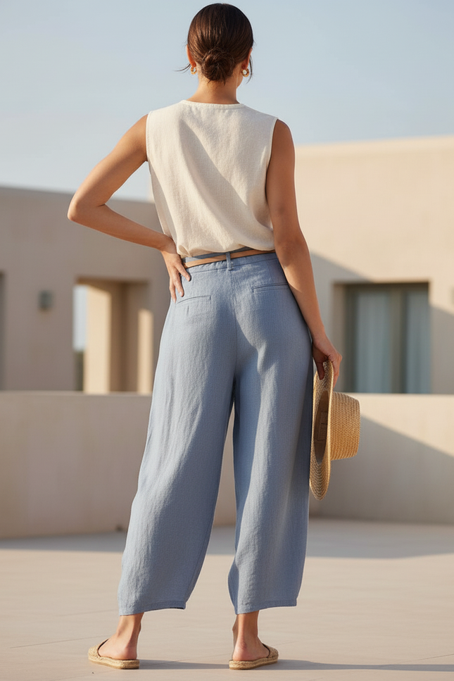 Pantalon En Lin Bleu Ample Plissé Décontracté - vue 2