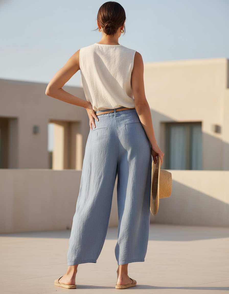 Pantalon En Lin Bleu Ample Plissé Décontracté - vue 2