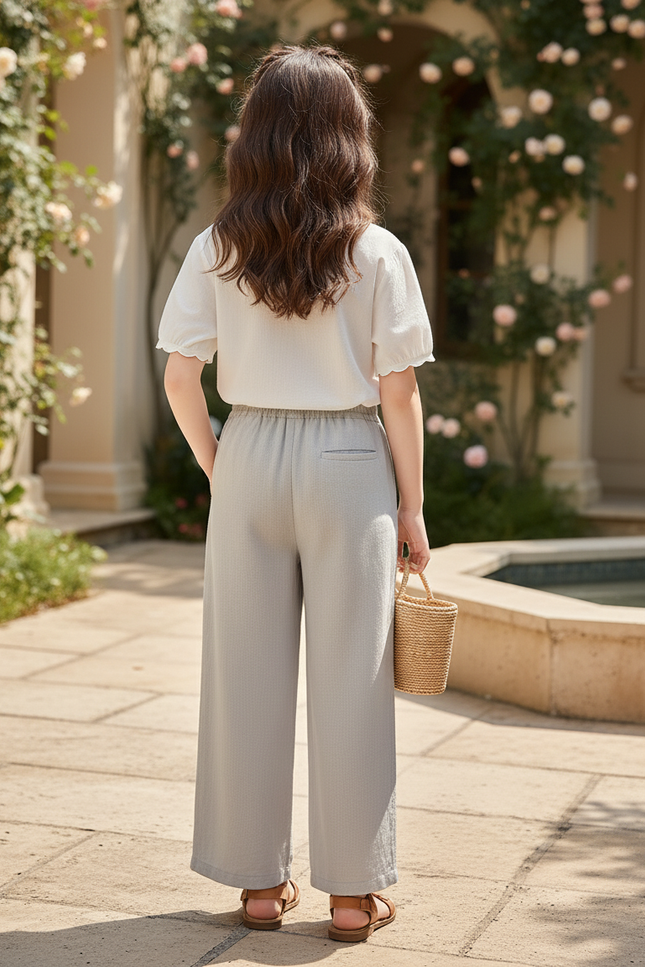 Pantalon En Lin Gris Ample Fluide Taille Élastique - vue 2