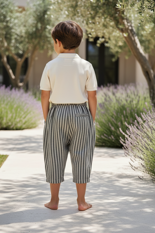 Pantalon En Lin Rayé Ample Décontracté Garçon - Gris - vue 2