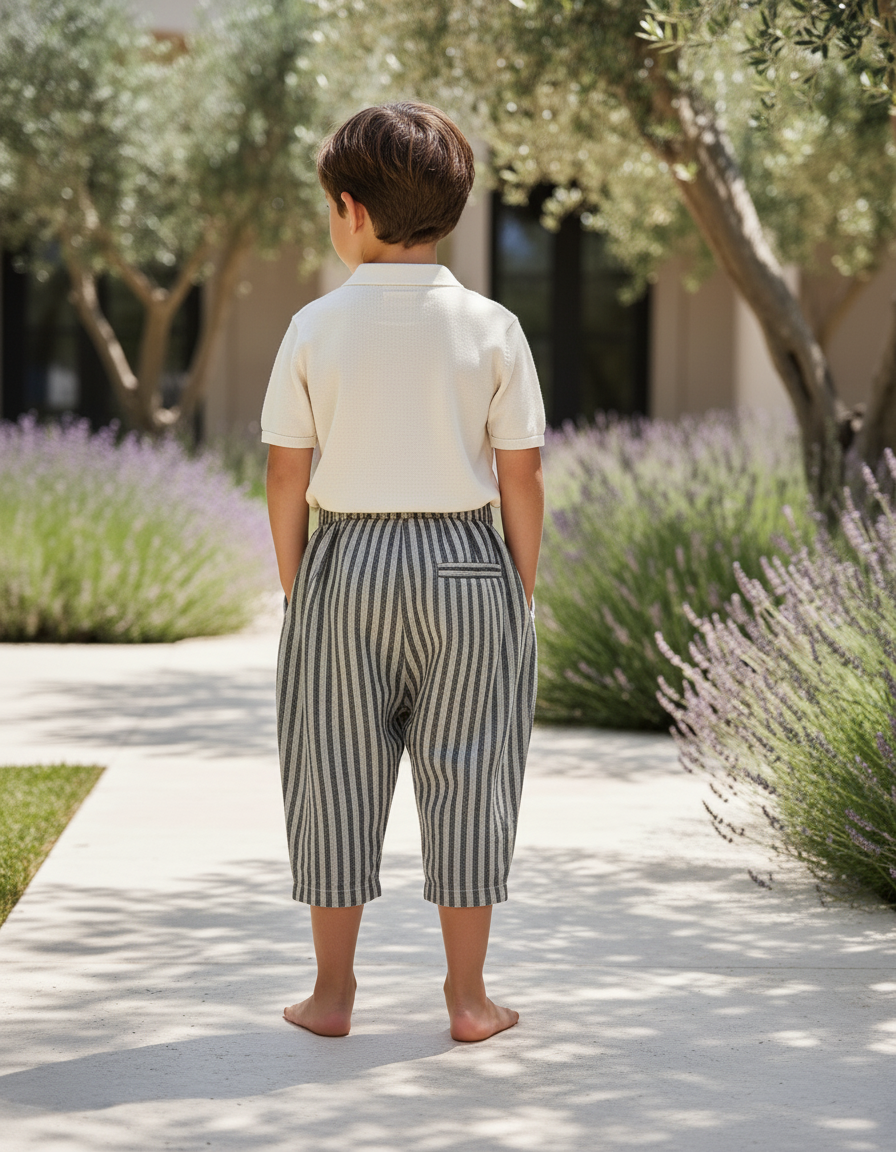 Pantalon En Lin Rayé Ample Décontracté Garçon - Gris - vue 2
